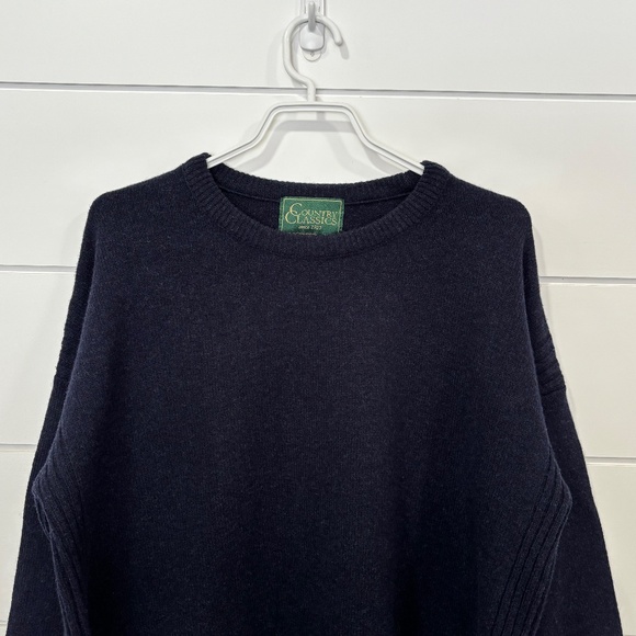 Country Classics navy blue 100% lambswool crew neck split hem sweater size L - Picture 3 of 16